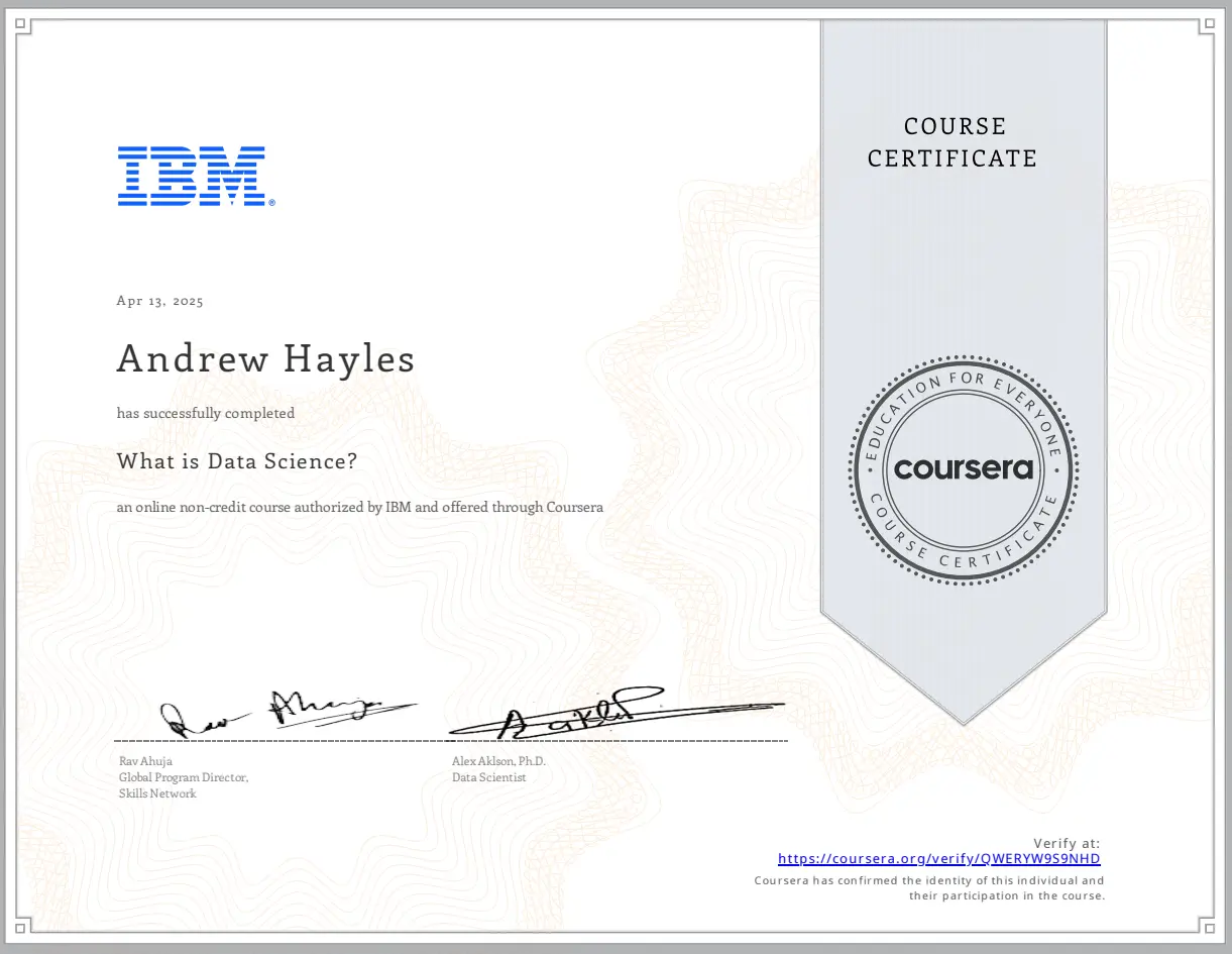 IBM Course Certificate 1 - Introduction to Data Science