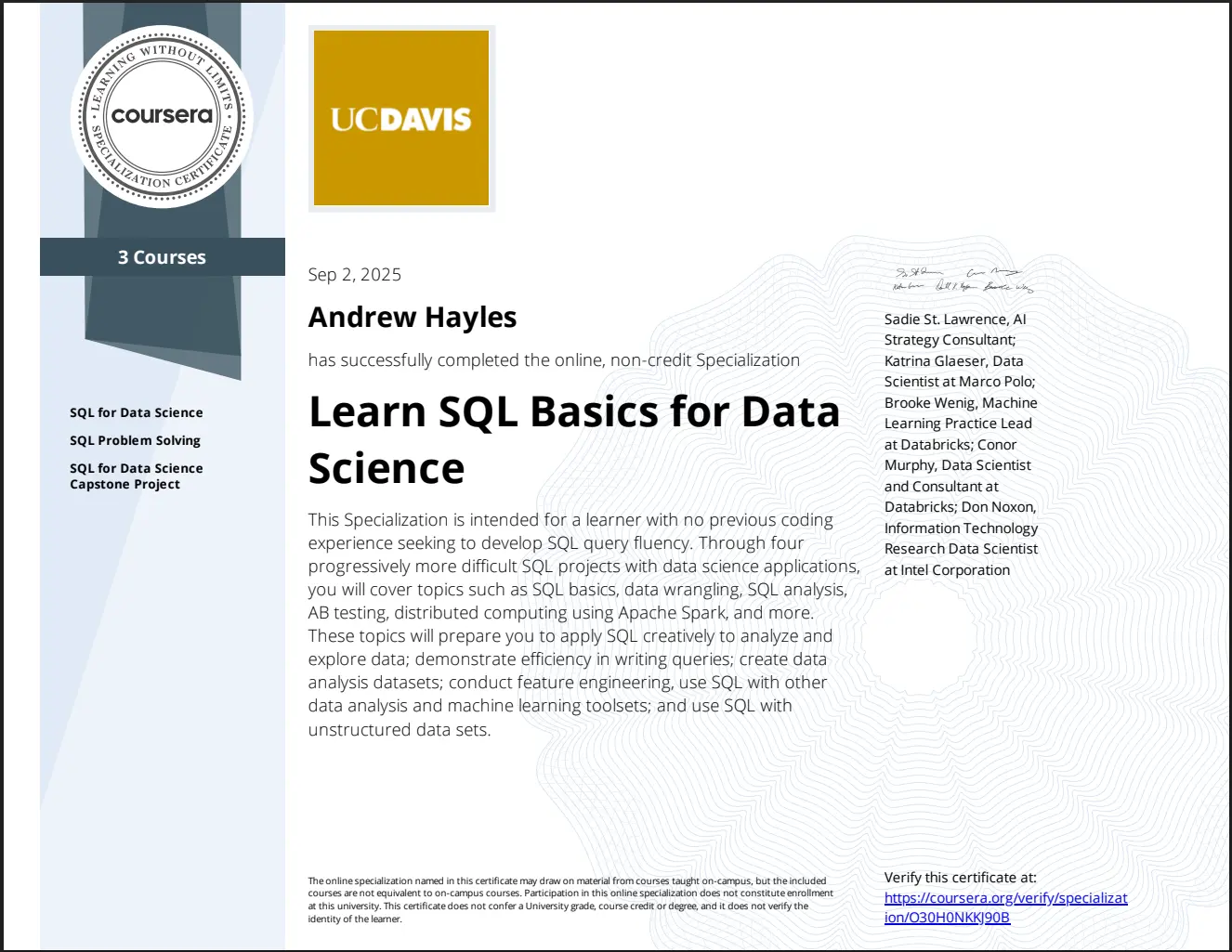 University of California Certificate - SQL Data Science Specialization